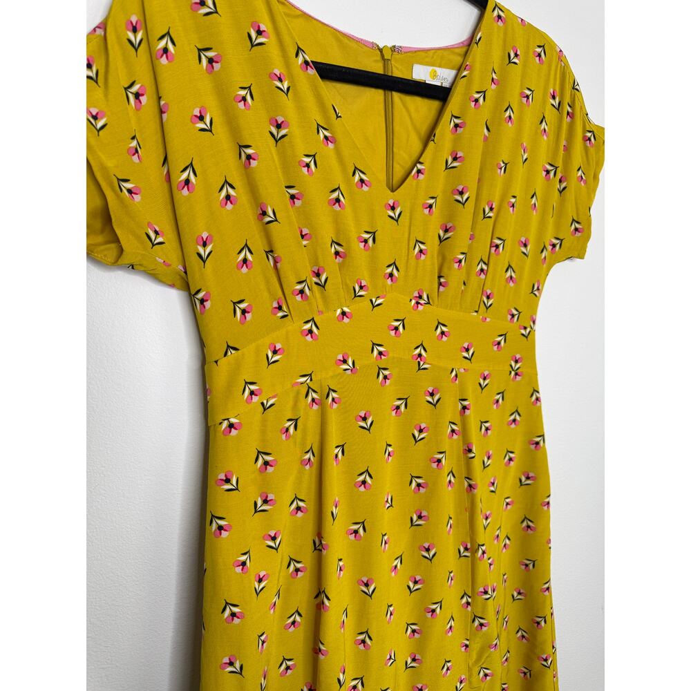 Boden Yellow Floral V-Neck Dress Petite 2P Fit & Flare Lined - Picture 2 of 8